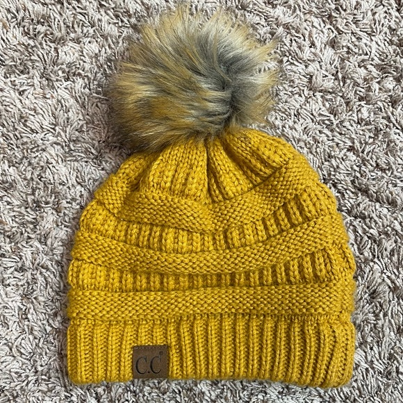 C.C Accessories - C.C Winter Beanie Mustard Yellow with Faux Fur Pom